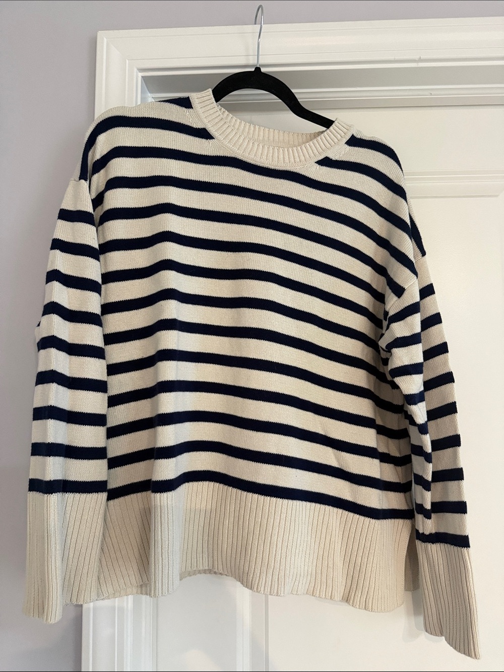 J. Crew Striped Crewneck Sweater in Cream and Navy